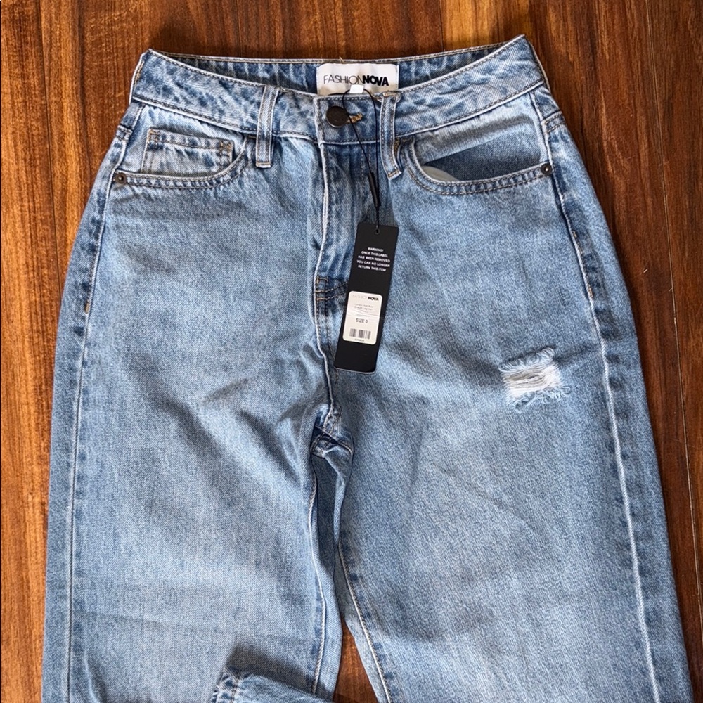 Fashion Nova Blue Relaxed Jeans with Distressed Details